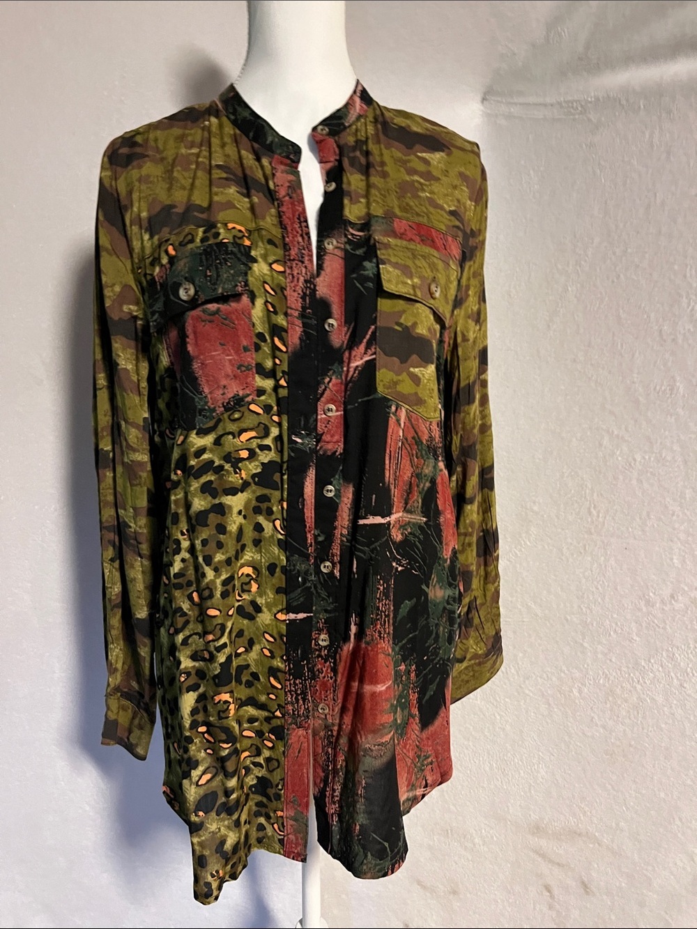 Adore Mixed-Print Button-Up Blouse in Olive Green & Rust